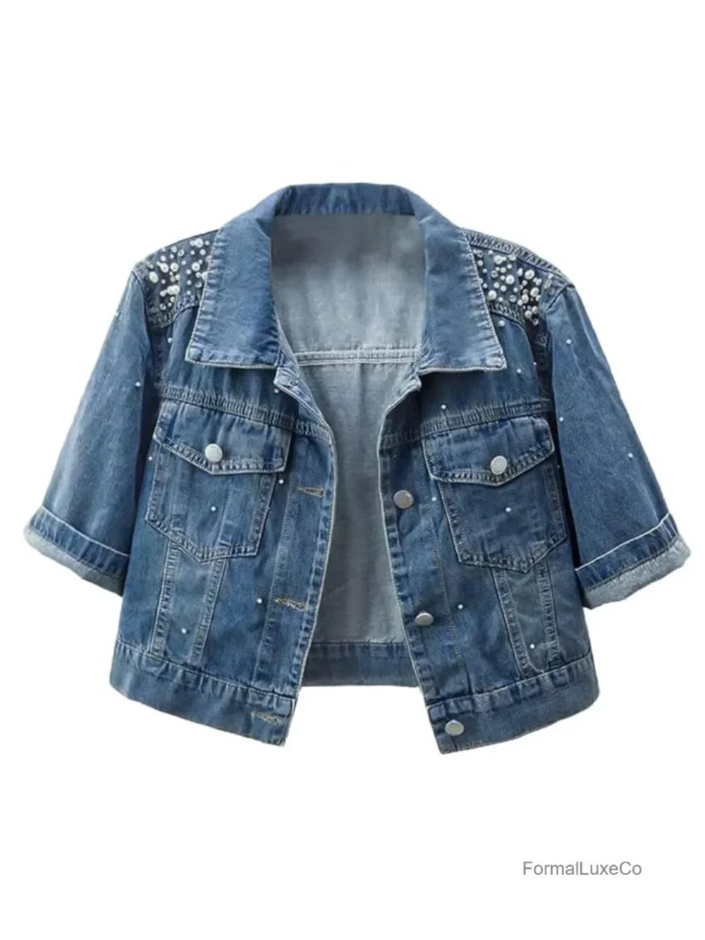 Pearls Denim Jacket Cropped 3/4 Sleeve Rhinestones Button Down Trucker Coat